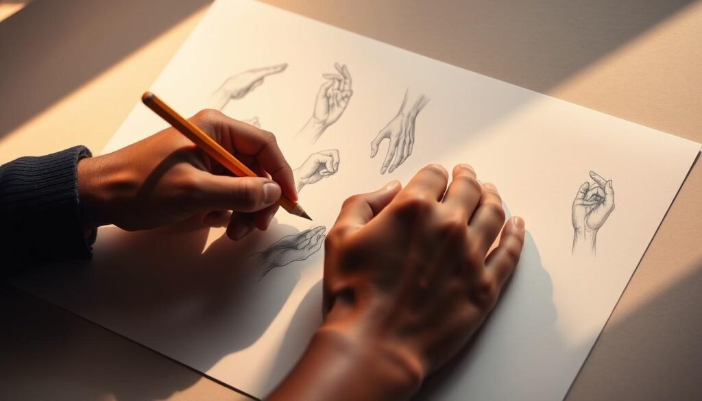 Drawing hands, continuous improvement for hand drawing. A pair of hands sketching and practicing different hand poses and techniques, filled with determination and focus. Warm lighting illuminates the scene, casting soft shadows that accentuate the form and texture of the hands. The hands are the focal point, set against a neutral, minimalist background that allows the subject to shine. The image conveys a sense of dedication, growth, and the journey of mastering the art of drawing hands. Attention to detail in the hand gestures, knuckles, and fingertips. Subtle pencil strokes and shading suggest the process of refining and perfecting the drawings.