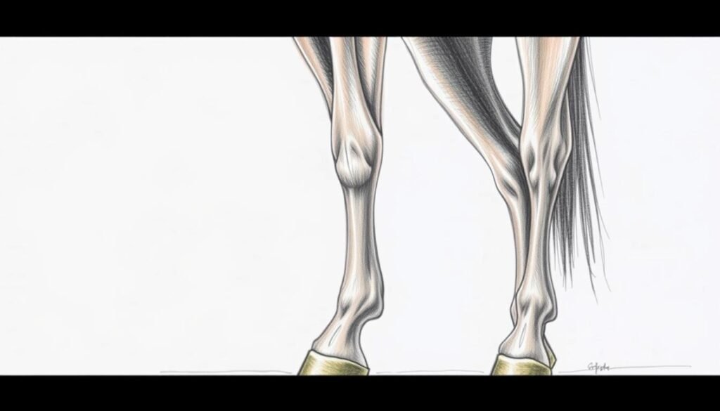 Drawing horse legs in a realistic, anatomically correct style, with a warm, natural lighting and a slightly elevated camera angle for an eye-catching perspective. The front and hind legs should be in a standing pose, with subtle muscular definition and accurately proportioned joints and hooves. The overall composition should focus on the lower body, showcasing the intricate details of the leg structures against a simple, uncluttered background that allows the subject to take center stage.