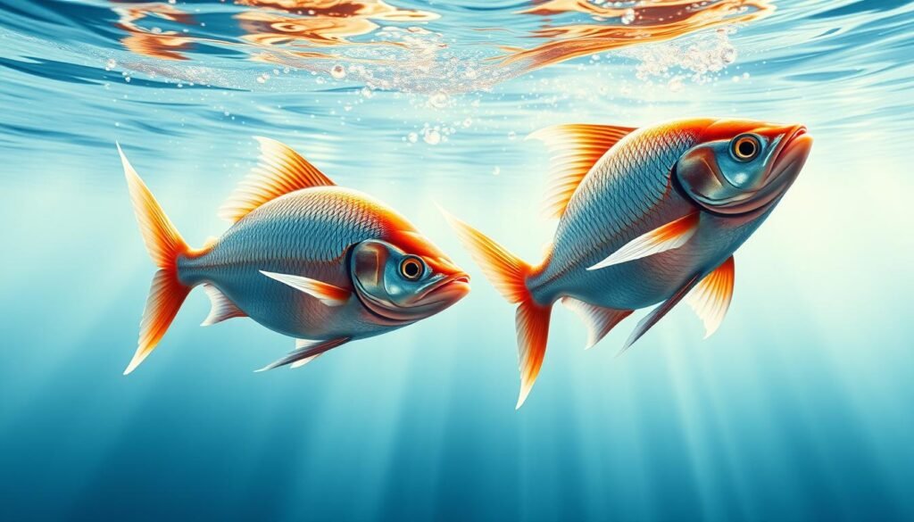 Elegant fish in fluid motion, their streamlined bodies undulating gracefully against a backdrop of shimmering waters. Sunlight dances on the surface, casting a warm glow that highlights the vibrant scales and fins. The fish appear to be in a state of dynamic equilibrium, their movements both powerful and effortless. Capture the essence of this aquatic ballet, with a keen eye for the subtle details that bring the scene to life. Experiment with different camera angles and perspectives to convey a sense of depth and movement, creating a visually captivating and technically proficient illustration. Elegant fish in fluid motion, their streamlined bodies undulating gracefully against a backdrop of shimmering waters. Sunlight dances on the surface, casting a warm glow that highlights the vibrant scales and fins. The fish appear to be in a state of dynamic equilibrium, their movements both powerful and effortless. Capture the essence of this aquatic ballet, with a keen eye for the subtle details that bring the scene to life. Experiment with different camera angles and perspectives to convey a sense of depth and movement, creating a visually captivating and technically proficient illustration.