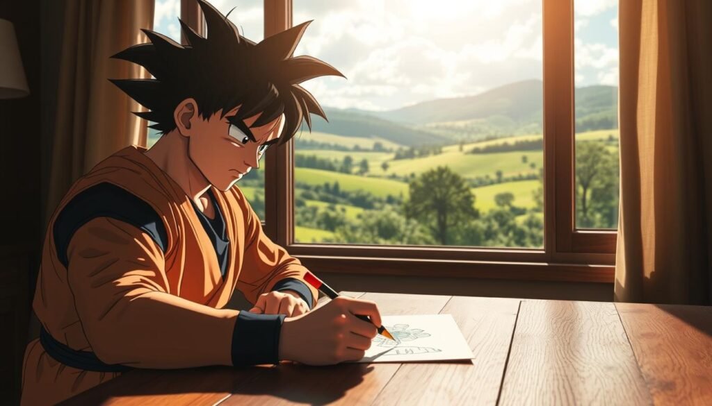 Goku, the iconic Dragon Ball Z character, seated at a wooden desk, drawing with a pen in his hand. The foreground captures his intense focus, his brow furrowed in concentration as he meticulously sketches. In the middle ground, a window allows natural light to pour in, casting a warm glow on the scene. Beyond the window, a lush, verdant landscape unfolds, with rolling hills, swaying trees, and a vibrant sky dotted with fluffy clouds. The lighting is soft and diffused, creating a peaceful, contemplative atmosphere. The overall composition conveys Goku's artistic side and the tranquility of the natural world surrounding him.
