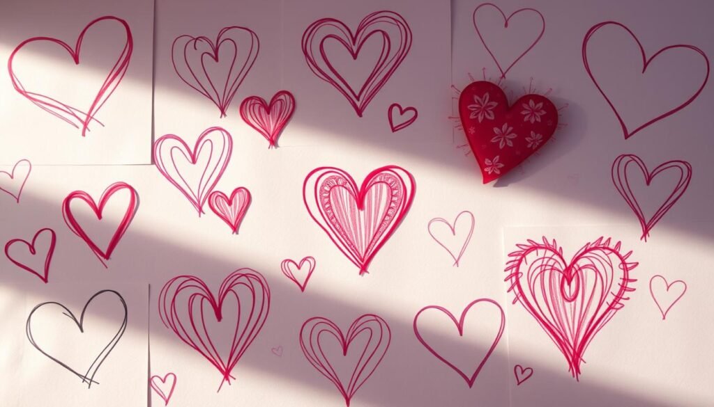Heart drawings, an array of intricate love-inspired sketches in a soft, romantic lighting. A central heart motif in various artistic styles, from simple line drawings to more elaborate floral or abstract designs, arranged in a harmonious collage. Subtle hues of pink, red, and lavender create a warm, cozy atmosphere, conveying the joy and creativity of expressing affection through the universal symbol of the heart. The image is composed with a focus on the heart-shaped elements, capturing their whimsical and sentimental nature, inviting the viewer to be inspired and explore the many creative uses for drawn hearts.