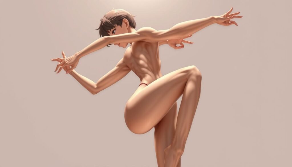 Highly detailed, anatomically accurate anime body in a dynamic, energetic pose. Precise musculature, bone structure, and proportions. Smooth, flowing lines and soft, expressive features. Dramatic lighting from above, casting dramatic shadows and highlights. Neutral, minimalist background to focus attention on the figure. Rendered in a clean, polished digital art style with a touch of subtle textural detail.
