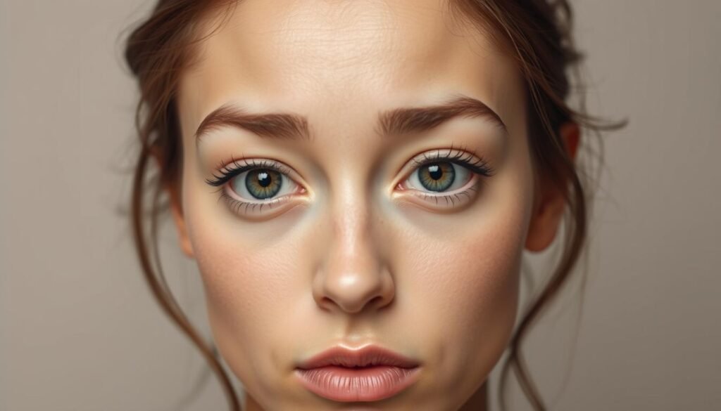Practicing Eye Expressions: A studio setup with a model posing against a neutral backdrop, their face in close-up. Soft, even lighting illuminates the model's features, accentuating the intricate details of their eyes. The model's gaze is focused, their brow furrowed, and their lips slightly parted, as they concentrate on conveying a range of emotional expressions. The image has a calm, pensive atmosphere, encouraging the viewer to study the subtle nuances of the model's eye movements and facial gestures.