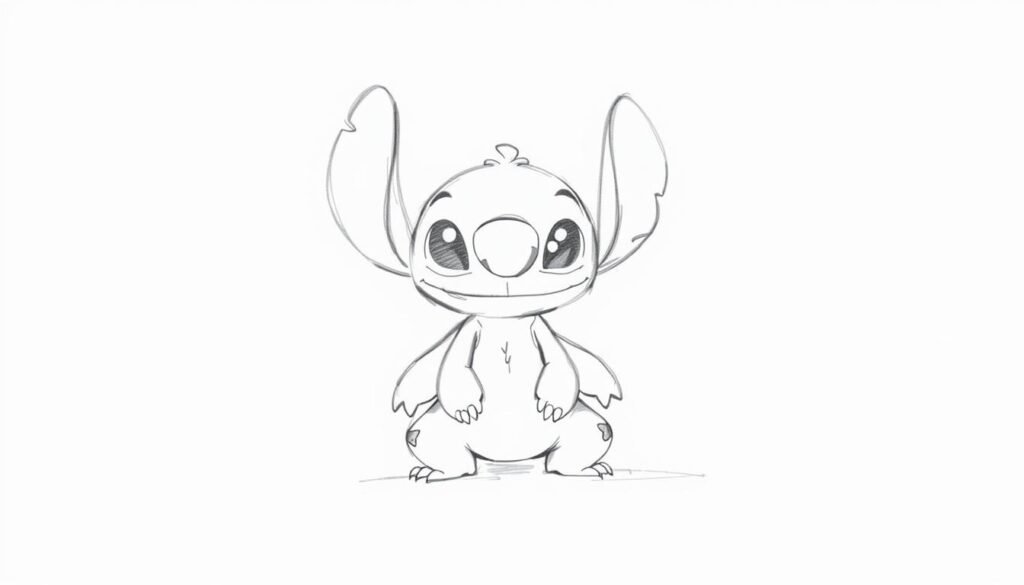 Stitch basic shape sketch, a playful and whimsical character in a simple line drawing. Soft pencil strokes outline the iconic large head, rounded body, and stubby limbs of the beloved Disney creature. Minimal details focus on the essential form, capturing the character's endearing essence against a plain, neutral background. Diffused natural lighting casts gentle shadows, emphasizing the sketch-like quality and giving the image a warm, contemplative mood. The scene conveys a sense of study and exploration, perfect for illustrating the "Sketching the Basic Shape" section of the "How I Learn to Draw Stitch" tutorial.