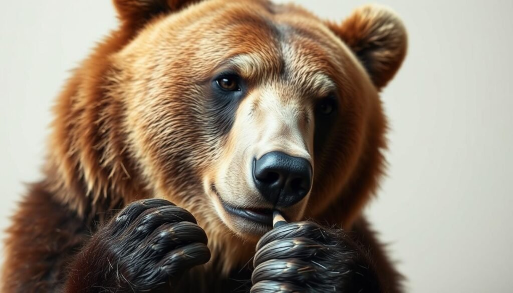 a bear sketching and drawing its own head, close-up view of the bear's face, focused on the expression and the act of drawing, medium shot with a neutral background, natural lighting from the side, soft focus on the bear's paws holding a charcoal pencil, detailed facial features and fur texture, a sense of concentration and creative process, a step-by-step guide for drawing bears
