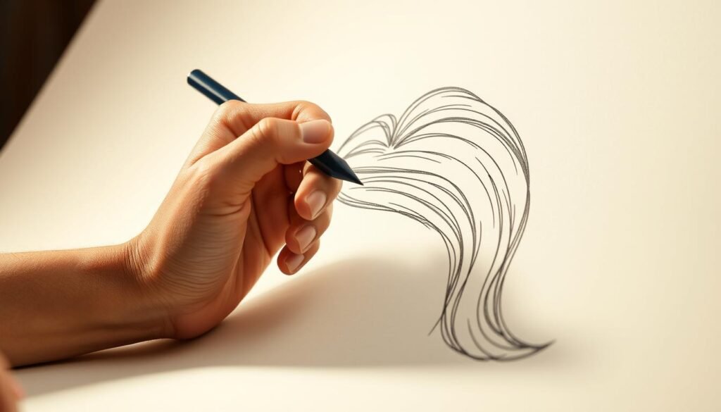 a close-up, detailed illustration of a hand drawing the outline of a person's hair with a pencil or pen, the hand and the drawing surface clearly visible, with a focused, deliberate expression, the hair being drawn in a flowing, realistic style, the background slightly blurred to draw attention to the focal point, warm studio lighting creating soft shadows, a sense of careful, skillful technique