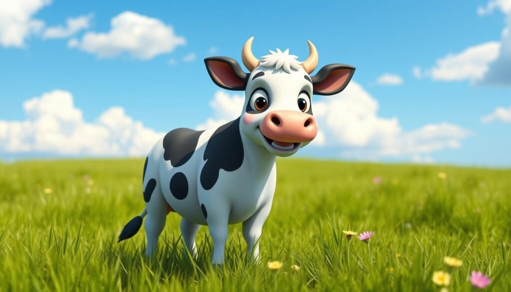 a cute cartoon cow standing in a grassy field, with a bright blue sky and fluffy white clouds in the background. the cow has large, expressive eyes, a rounded body, and short, stubby legs. it is looking directly at the viewer with a friendly, happy expression. the cow's fur is smooth and shiny, with distinct black and white markings. the field is filled with lush, green grass and a few colorful wildflowers. the scene is illuminated by soft, natural lighting, creating a warm and inviting atmosphere.