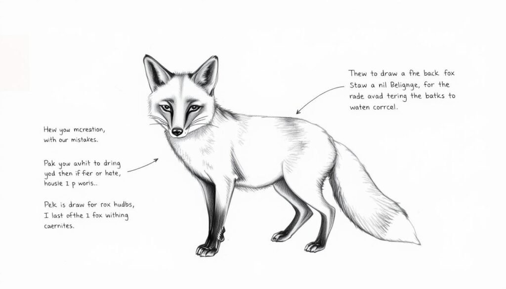 a detailed, step-by-step illustration of a fox drawn with charcoal, highlighting common mistakes to avoid when learning to draw a fox. The fox should be positioned in the center of the frame, with a focus on the face and body. The background should be a plain, neutral tone that does not distract from the main subject. The lighting should be soft and natural, casting gentle shadows to accentuate the fox's features. The drawing should convey a sense of depth and texture, with attention to the fur, eyes, and other defining characteristics. The overall mood should be educational and informative, guiding the viewer on how to avoid common pitfalls when attempting to draw a fox.