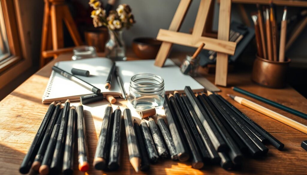 a detailed still life of various drawing tools on a wooden table, with a soft, natural lighting creating warm shadows and highlights. In the foreground, an array of high-quality graphite pencils, charcoal sticks, and a set of fine-point drawing pens. In the middle ground, a sketchpad, a small jar of water, and a set of artist's erasers. In the background, a wooden easel, a collection of paintbrushes, and a small vase of wildflowers, creating a cozy, inspirational atmosphere for the creative process.