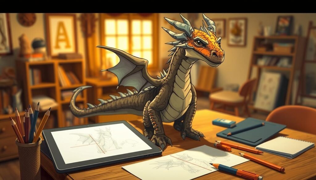a digitally illustrated scene of a dragon in a dynamic drawing tutorial setting, with the dragon standing on a wooden desk or table, surrounded by various drawing supplies and tools such as pencils, sketchpads, and a digital drawing tablet. The dragon appears to be in the midst of sketching or refining its own form, with a focused expression on its face. The background is a well-lit, cozy studio or workspace, with warm lighting and subtle details that suggest an educational or instructional environment. The overall mood is one of concentration, learning, and the process of improving one's artistic skills.