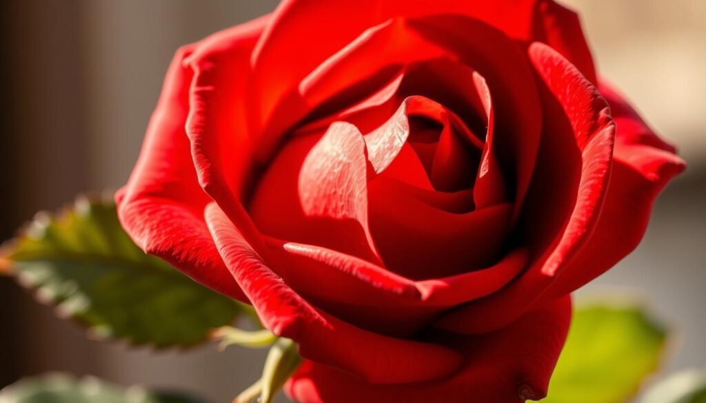 a highly detailed and realistic digital illustration of shading techniques for drawing a rose, showcasing a close-up view of a vibrant red rose in full bloom, with carefully rendered petals and intricate shadows and highlights that convey the depth, form, and texture of the flower; the rose is bathed in warm, directional lighting that creates a sense of depth and volume, with soft, diffused shadows along the edges of the petals; the background is blurred and out of focus, allowing the rose to be the central focus of the image; the illustration has a photorealistic quality, with a high level of detail and precision, making it an effective visual aid for an article on drawing techniques for a beautiful rose