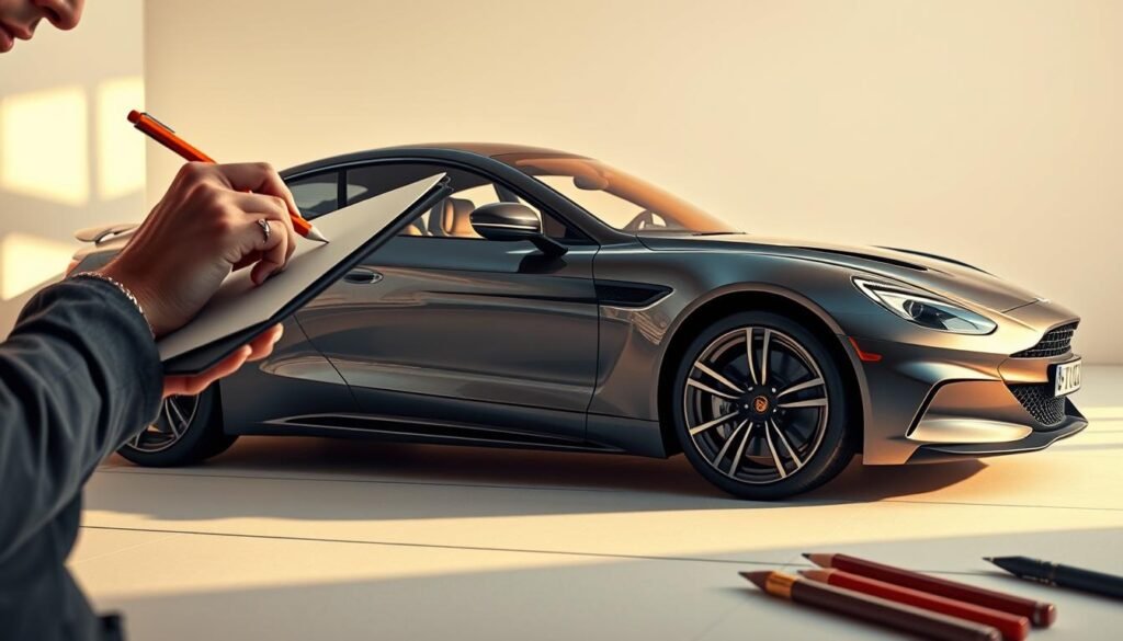 a highly detailed, photorealistic illustration of a person finalizing the drawing of a car, with the car in the foreground, positioned at a 3/4 angle, showcasing the car's various elements - the sleek body lines, the intricate details of the wheels, the realistic reflections on the glossy surface, and the overall sense of depth and dimensionality. The person's hands are visible, holding a pencil and sketchpad, with a focused expression on their face as they make the final touches to the drawing. The background is a minimalist, clean studio setting, with subtle lighting that casts warm, natural shadows, emphasizing the tactile quality of the drawing process. The overall mood is one of concentration, attention to detail, and the satisfaction of completing a skillful rendering of a car.