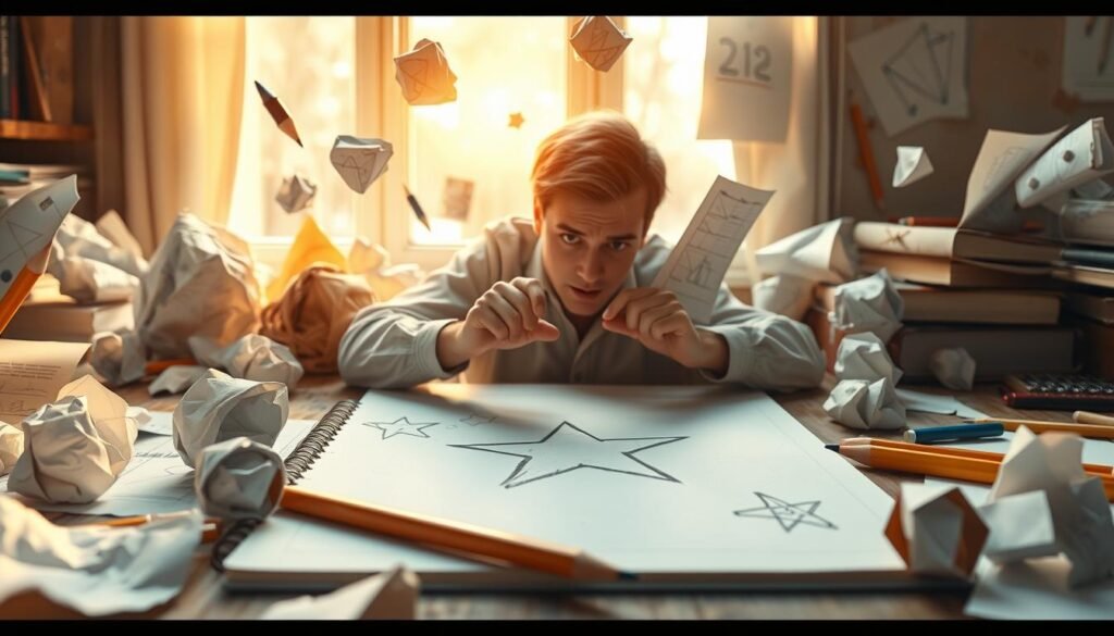 a highly detailed, photorealistic illustration of common drawing challenges, depicting various difficulties faced by artists when trying to draw a star shape, with a middle ground focus on a person struggling to draw a star on a sketchpad, surrounded by a background of crumpled paper balls, broken pencils, and other discarded drawing attempts, all illuminated by warm, natural lighting from a window, creating a sense of frustration and determination to overcome the challenges of drawing a star