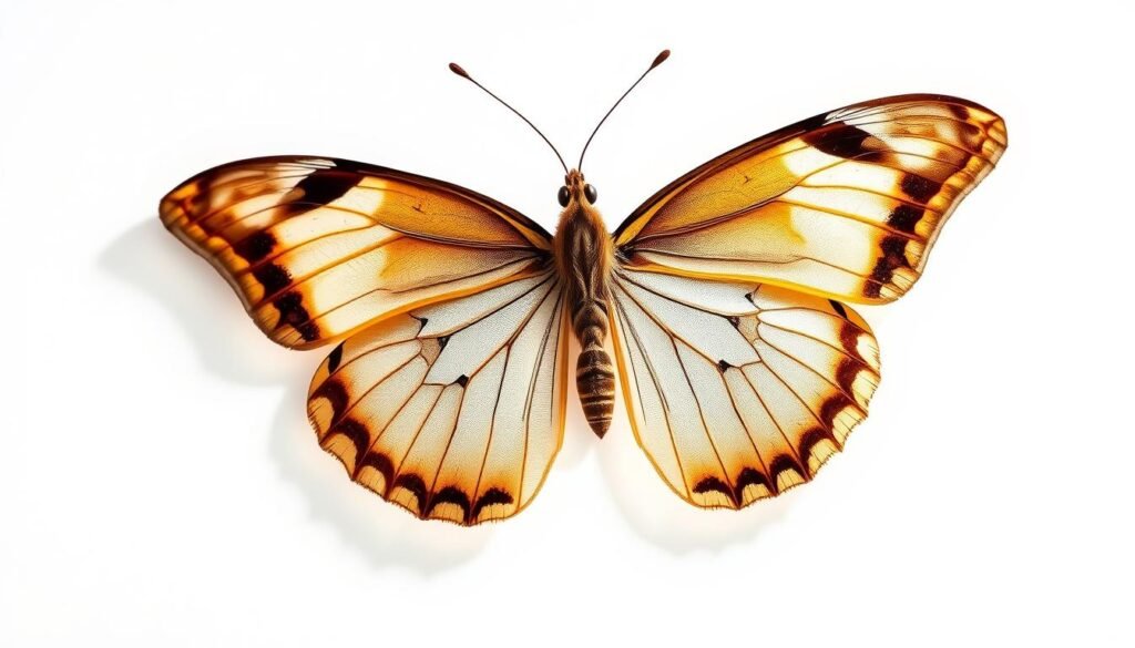 a highly detailed, scientifically accurate cross-section illustration of the intricate structure of a butterfly wing, showcasing the delicate arrangement of scales, veins, and intricate patterns. The image should be rendered in a crisp, clean style with a focus on realistic anatomical details, presented against a plain white background to emphasize the subject. Lighting should be soft and diffused, creating subtle shadows that accentuate the dimensional aspects of the wing structure. The perspective should be slightly angled to provide a clear, unobstructed view of the wing's internal architecture. The overall mood should be one of scientific curiosity and appreciation for the engineering marvels of nature.