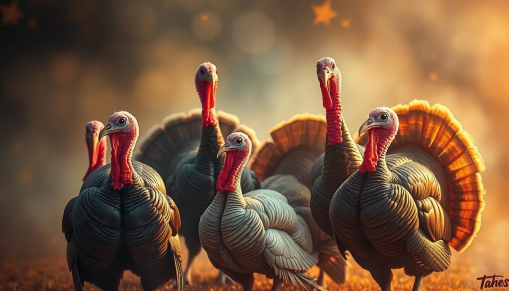 a highly detailed, surreal, and visually striking collection of artistic depictions of turkeys, rendered in various artistic styles and media such as oil painting, watercolor, charcoal, and digital illustration. The turkeys are the focal point, depicted with vivid expressiveness and imaginative flair, against a softly blurred, atmospheric background that sets a contemplative, almost dreamlike mood. The lighting is dramatic, with warm, golden tones that emanate a sense of warmth and creativity. The overall composition is balanced and harmonious, inviting the viewer to immerse themselves in the artistic interpretations of this quintessential symbol of Thanksgiving.