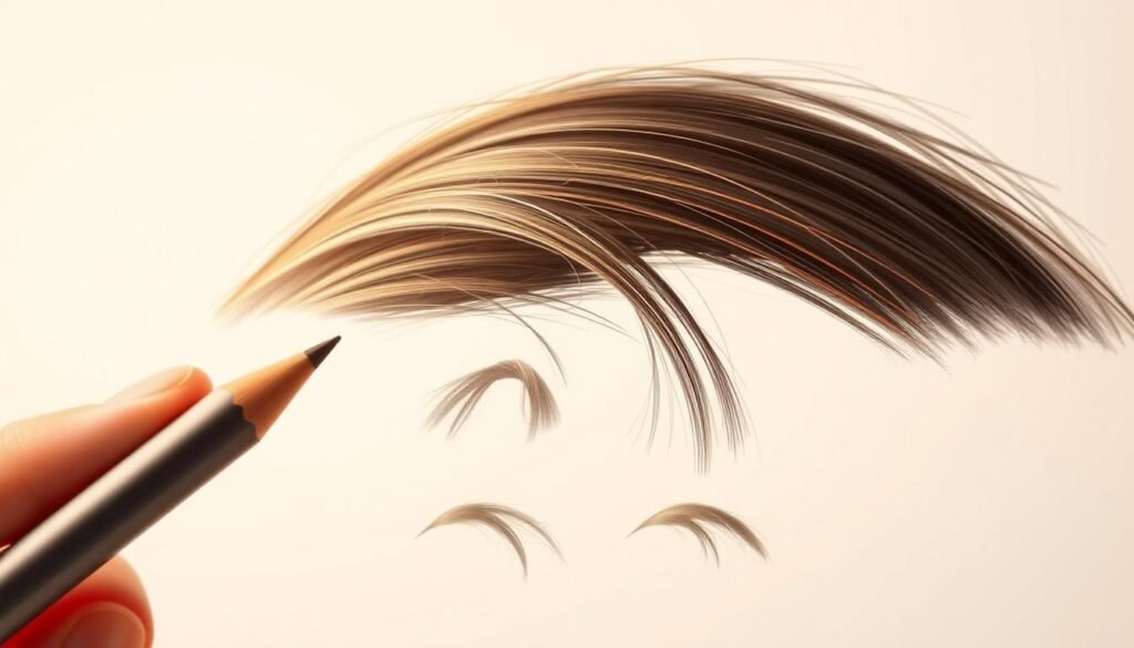 a realistic, high-quality, full-color digital illustration of a close-up view of a person's hand demonstrating different techniques for drawing detailed hair strands, with a soft focus on the foreground and a blurred background, featuring warm, directional lighting to accentuate the textures and highlights of the hair, showcasing a range of pencil, brush, and digital drawing techniques to create the appearance of individual hairs with depth, volume, and movement, set against a neutral, minimalist backdrop to emphasize the instructional focus on the hair-drawing process