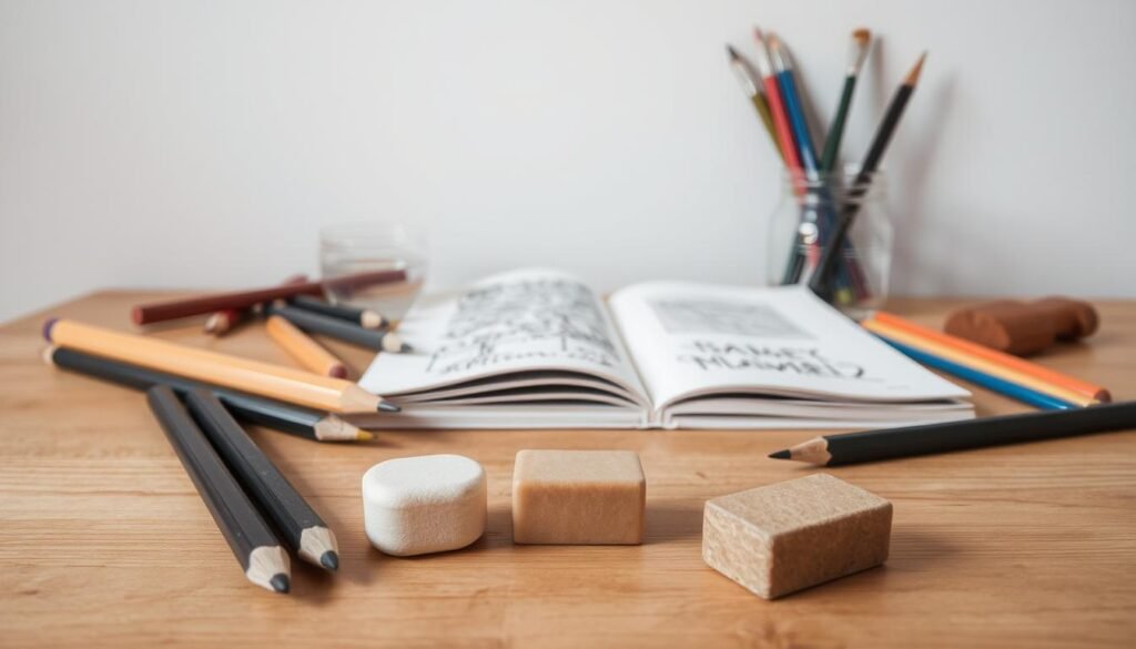 a still life of a variety of drawing supplies arranged on a wooden table, with a natural, soft lighting that highlights the textures and colors. In the foreground, a set of high-quality graphite pencils in different hardnesses, a sharpener, and a kneaded eraser. In the middle ground, a sketchpad with a few pages opened, revealing the rough texture of the paper. Behind it, a set of colored pencils, a few paintbrushes, and a small jar of water. In the background, a simple, uncluttered wall creates a clean, minimalist backdrop that allows the drawing tools to be the focal point. The overall mood is one of creativity, focus, and the anticipation of an artistic endeavor. a still life of a variety of drawing supplies arranged on a wooden table, with a natural, soft lighting that highlights the textures and colors. In the foreground, a set of high-quality graphite pencils in different hardnesses, a sharpener, and a kneaded eraser. In the middle ground, a sketchpad with a few pages opened, revealing the rough texture of the paper. Behind it, a set of colored pencils, a few paintbrushes, and a small jar of water. In the background, a simple, uncluttered wall creates a clean, minimalist backdrop that allows the drawing tools to be the focal point. The overall mood is one of creativity, focus, and the anticipation of an artistic endeavor.