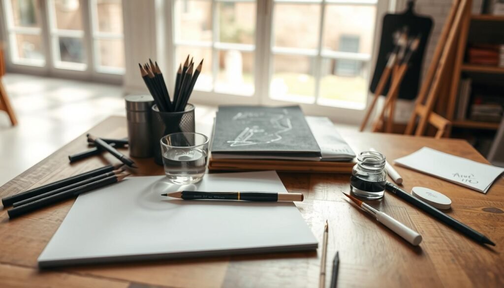 a still life scene with various drawing supplies arranged on a wooden table, including a set of high-quality graphite pencils, a sketchpad, a clean eraser, a small cup of water, a paint brush, and a small jar of india ink. The supplies are neatly organized and evenly distributed across the table, creating a visually appealing and practical composition. The lighting is soft and diffused, casting gentle shadows and highlighting the textures of the materials. The table is situated in a bright, airy studio space with large windows allowing natural light to flood the scene. The overall mood is one of creativity, focus, and artistic inspiration.