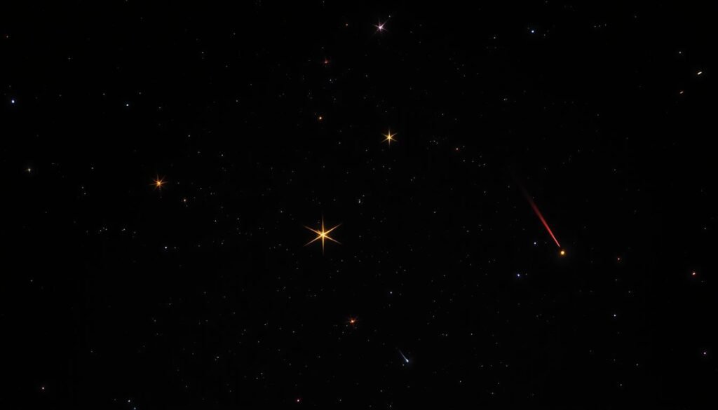 different stars in the night sky, a varied collection of celestial objects in a deep, velvety black expanse, diverse in size, shape, and color - from twinkling pinpricks of light to large, luminous orbs, some with distinct radiant halos, others with fiery trails, all captured in a dramatic, low-angle perspective that emphasizes their grandeur and mystery, lit by a warm, diffused glow that casts gentle shadows, creating an ethereal, contemplative atmosphere