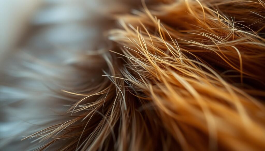 high resolution, detailed, macro close-up photo of soft, lush, thick bear fur texture with strands of fur in the foreground, middle ground, and background, capturing the natural warm brown and golden hues, with soft lighting from the left side to create depth and dimension, shot with a high quality DSLR camera lens to showcase the intricate structure and individual hairs of the fur
