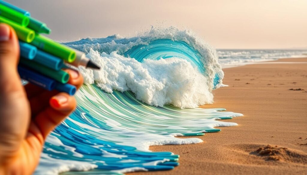 A beachfront scene with a variety of marker coloring techniques used to depict the movement and texture of crashing waves. The foreground features a close-up view of a hand skillfully blending vibrant markers in shades of blue, green, and white to capture the foamy, dynamic quality of the waves. The middle ground showcases a full wave, its crest exploding with a spray of color as the marker strokes convey the wave's form and energy. In the background, a distant horizon line fades into a hazy, atmospheric sky, allowing the focus to remain on the intricate marker work in the waves. Soft, warm lighting from an angled perspective casts shadows and highlights the dimensional qualities of the markers. The overall mood is one of artistic exploration and mastery of wave rendering techniques.