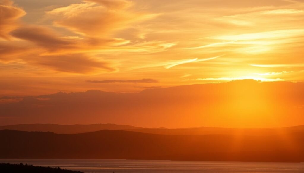 A breathtaking sunset over a serene landscape. In the foreground, golden rays of light illuminate a tranquil lake, its surface reflecting the vibrant hues above. Wispy clouds dance across the sky, tinged with shades of orange, pink, and deep purple. The horizon is bathed in a warm glow, casting a soft, diffused light onto the rolling hills in the middle ground. Delicate details emerge, such as the silhouettes of distant trees and the subtle textures of the terrain. The overall scene exudes a sense of calm and wonder, inviting the viewer to bask in the beauty of this fleeting moment.