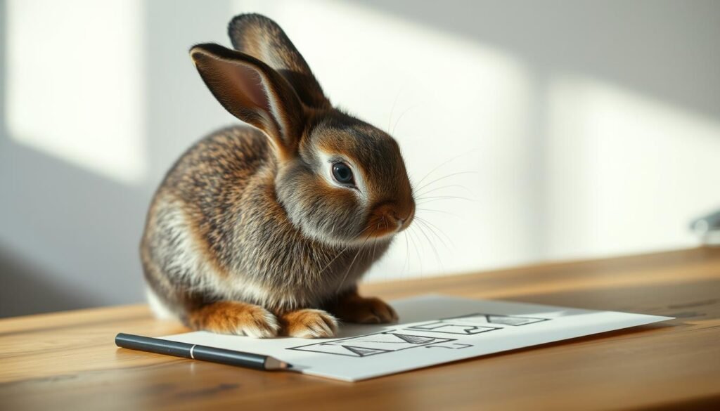 A bunny sitting on a wooden desk, delicately sketching shapes and guidelines with a charcoal pencil. The bunny's concentration is evident as it carefully constructs the basic structure, using confident strokes to map out the shapes and proportions. Soft, diffused lighting illuminates the scene, casting subtle shadows that accentuate the bunny's form. The background is slightly blurred, allowing the viewer to focus on the bunny's intricate work. The overall mood is one of quiet contemplation and the gentle pursuit of artistic expression.