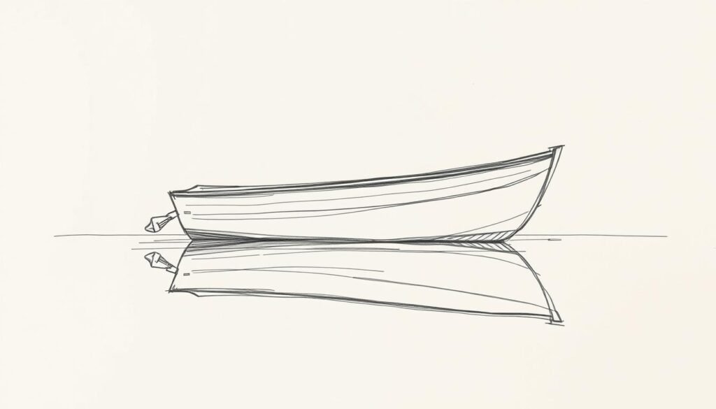 A clean, hand-drawn sketch of a boat on a calm, reflective surface. The boat's hull is depicted in fine detail, with emphasis on the refined lines and contours. The background is a simple, minimalist design, allowing the central subject to stand out. The lighting is soft and natural, creating subtle shadows and highlights that enhance the depth and dimensionality of the sketch. The overall mood is one of focus and attention to detail, reflecting the theme of refining the drawing by eliminating unnecessary lines.