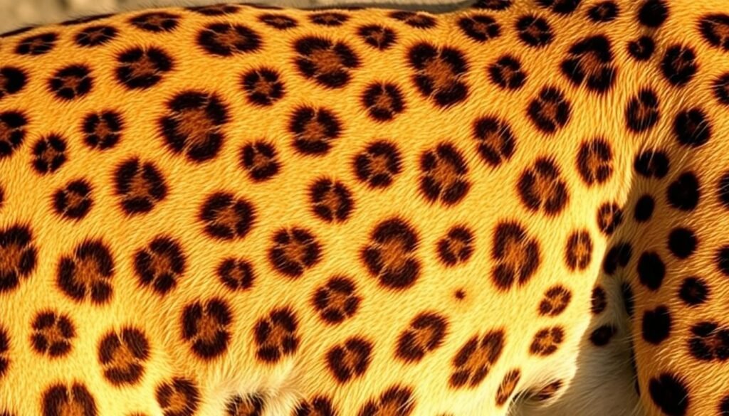 A close-up, detailed tutorial illustration of the distinctive cheetah spot pattern. The image shows the intricate, organic shapes and varied tones of the cheetah's coat, captured in a crisp, realistic style. The spots are rendered with precision, highlighting the subtle variations in size, density, and distribution across the subject's body. Warm, natural lighting from the side creates depth and emphasizes the texture of the fur. The composition places the cheetah's spots in sharp focus, filling the frame and providing a clear, educational visual reference. The overall mood is one of scientific study, inviting the viewer to closely examine the unique patterning that defines this iconic feline.