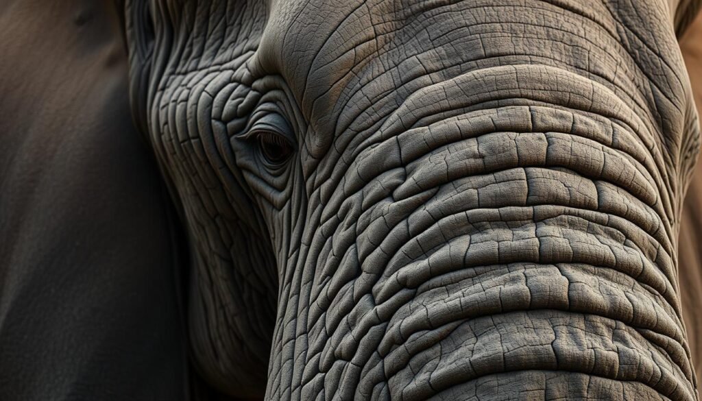 A close-up, high-resolution image of the wrinkled, weathered skin of an adult African elephant. The texture is intricate and detailed, showcasing the unique patterns, folds, and crevices that cover the elephant's body. The lighting is soft and diffused, illuminating the nuances of the skin without harsh shadows. The camera angle is low, emphasizing the sheer scale and mass of the elephant's form. The overall mood is one of rugged, natural beauty, capturing the essence of the elephant's majestic presence.