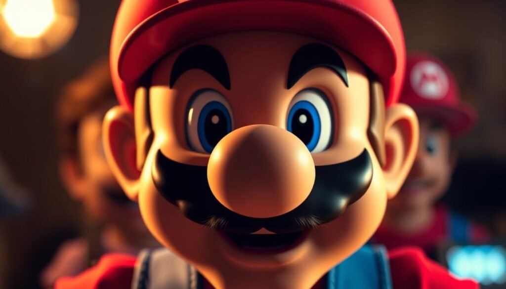 A close-up of Mario's iconic features, illuminated by warm, soft lighting. In the foreground, his recognizable red cap with the "M" logo stands out prominently. His bushy mustache and friendly, expressive face fill the middle ground, capturing his cheerful, determined expression. In the background, subtle details like his blue overalls and red shirt create a sense of depth and dimension. The image is captured from a slightly elevated angle, giving a sense of Mario's heroic presence. The overall mood is one of nostalgic familiarity, inviting the viewer to connect with this beloved character.