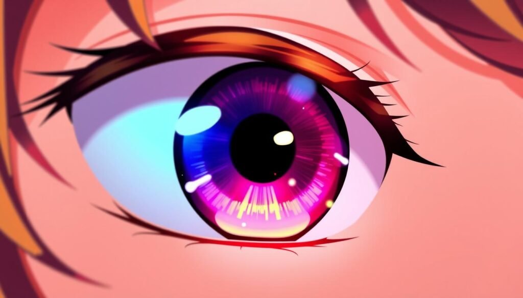 A close-up of an anime eye, showcasing various coloring techniques and shading for depth. The eye is rendered in a vibrant, highly-detailed style, with subtle gradients and soft shadows capturing the intricate structures of the iris, pupil, and eyelid. The lighting is warm and directional, creating a sense of depth and dimensionality. The focus is sharp, drawing the viewer's attention to the nuances of the eye's coloration and shading, highlighting techniques such as highlights, lowlights, and soft blending. The background is blurred, allowing the eye to be the central point of interest.