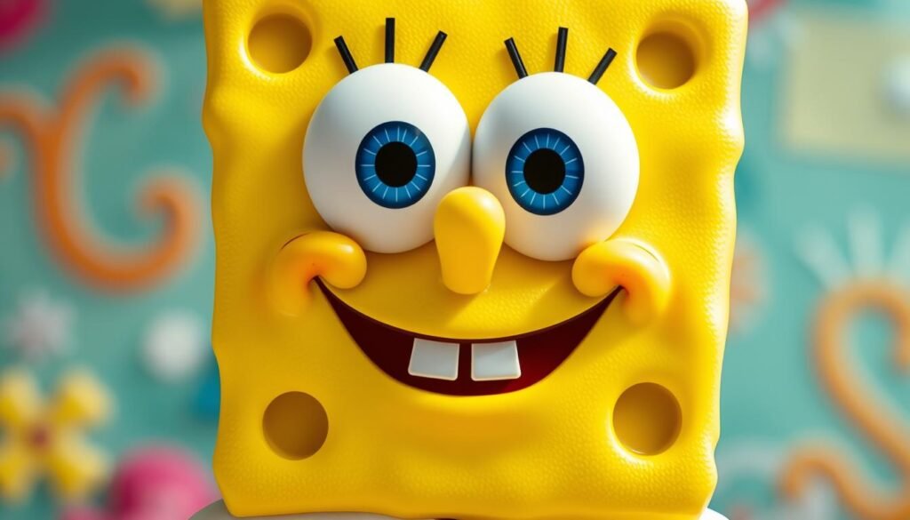 A close-up portrait of SpongeBob SquarePants, set against a bright and whimsical background. SpongeBob's distinctive square-shaped head, large expressive eyes, and wide, toothy grin fill the frame. His iconic yellow sponge-like body is rendered in vivid detail, with textural highlights and shadows that bring out the porous, absorbent quality of his form. The scene is bathed in warm, cheerful lighting that amplifies the character's friendly, lighthearted demeanor. The overall mood is one of playfulness and childlike wonder, capturing the essence of the beloved cartoon character.