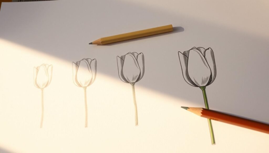 A close-up, step-by-step illustration of a tulip drawing process, showcasing the key stages from initial sketch to final detailed artwork. The foreground depicts the tulip flower in various progressive stages, with clean, precise lines and soft, muted colors. The middle ground features the drawing tools - pencil, eraser, ruler - arranged neatly. The background is a minimalist, textured surface, lending a sense of studiousness and focus. Warm, natural lighting illuminates the scene, creating soft shadows and highlights that enhance the three-dimensional quality. The overall mood is one of careful instruction and artistic demonstration, inviting the viewer to follow along and learn the tulip drawing technique.