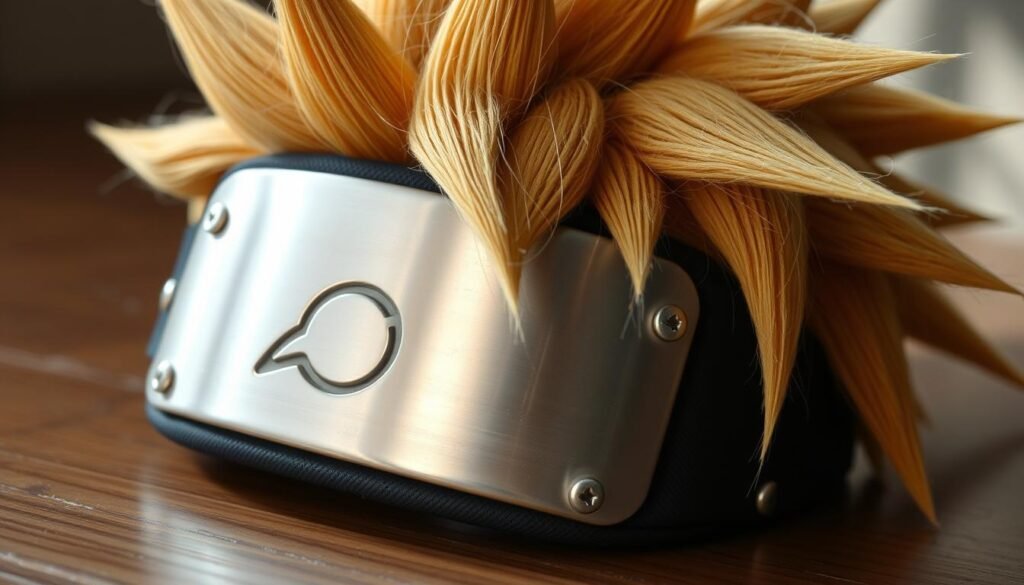 A close-up view of a Naruto-style headband resting on a wooden surface, the metal plate gleaming in the soft, natural lighting. The signature Naruto hairstyle, with spiky, golden-blond locks, cascades around the headband, creating a striking contrast. The scene is captured from a slightly elevated angle, emphasizing the intricate details of the headband and the vibrant, textured hair. The overall mood is one of focus and attention to the essential elements that define the iconic Naruto character, inviting the viewer to study the details and imagine bringing them to life through their own artistic interpretation.