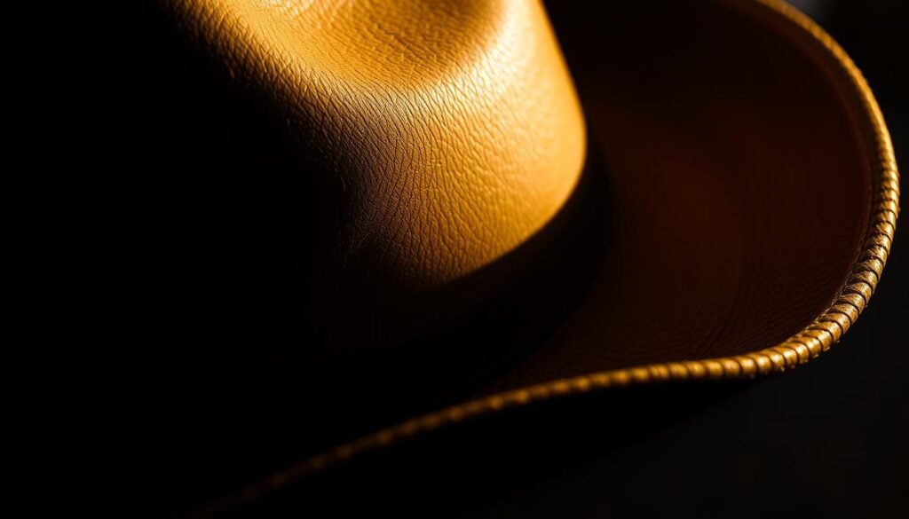 A close-up view of a classic cowboy hat, cast in dramatic chiaroscuro lighting. The brim casts a bold shadow over the crown, highlighting the intricate textures and folds of the weathered leather. Warm, golden highlights dance across the raised contours, while deeper shadows accentuate the recessed areas, creating a sense of depth and dimension. The hat is positioned at a slight angle, revealing the intricate stitching and weave patterns that give it character. The background is softly blurred, keeping the focus squarely on the captivating details and shading techniques of this iconic American accessory.