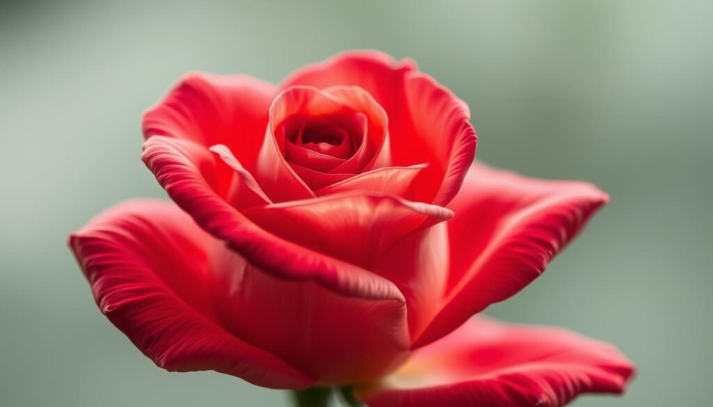 A close-up view of a delicate rose blossom, its vibrant petals unfurling gracefully against a soft, out-of-focus background. The petals are rendered in a naturalistic style, capturing the intricate textures and subtle gradations of color. The lighting is soft and diffused, creating a sense of depth and dimensionality. The composition is centered on the flower, allowing the viewer to focus on the intricate details of the drawing technique. The mood is serene and contemplative, inviting the viewer to appreciate the beauty and complexity of the rose.
