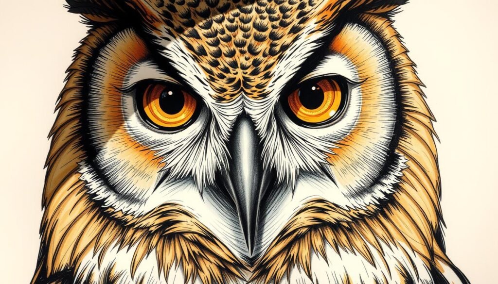 A close-up view of an owl's head, showcasing a range of inking and coloring techniques. The owl's eyes are piercing and intense, with delicate feather details rendered in a variety of strokes, from thin lines to bold hatching. The beak is defined with crisp, clean lines, while the surrounding feathers are softly blended in a spectrum of warm browns and grays. The lighting is dramatic, casting shadows that accentuate the owl's facial features and create a sense of depth and dimension. The background is muted, allowing the focus to remain on the intricate, lifelike rendering of the owl's visage.