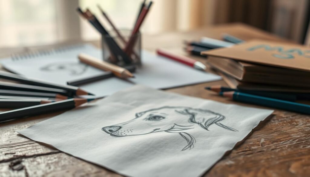 A cluttered workspace with pencils, paper, and a crumpled drawing of a dog scattered across a worn wooden table. The lighting is soft and diffused, casting gentle shadows that highlight the textures. In the foreground, a half-erased sketch of a dog's head, showcasing common mistakes like disproportionate features and anatomical inaccuracies. In the middle ground, a broken pencil and a set of art supplies, symbolizing the frustrations of the creative process. The background blurs into a hazy, dreamy atmosphere, suggesting the artist's struggle to find inspiration. The overall mood is one of contemplation and the desire to overcome the challenges of drawing.