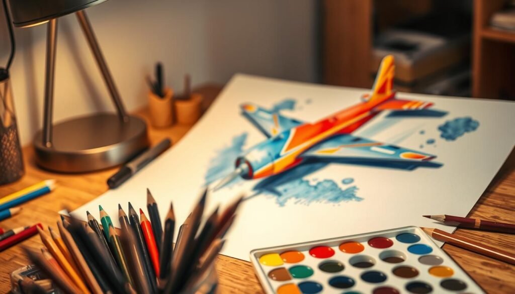 A colorful, vibrant airplane drawing taking final form on a wooden artist's desk. The plane, rendered in dynamic shades of blue, red, and yellow, is being meticulously detailed with precise brushstrokes. Soft, warm lighting from a nearby lamp casts a cozy glow, highlighting the textures of the paper and the artist's tools. In the foreground, an array of colored pencils, markers, and a palette of acrylic paints stand ready to add the finishing touches. The composition is balanced, with the airplane as the focal point, surrounded by the tools of the trade. An atmosphere of focus, creativity, and the joy of artistic expression permeates the scene.
