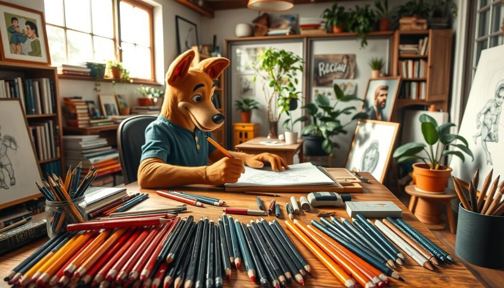 A cozy, well-lit art studio with Dog Man, the beloved comic book character, seated at a sturdy wooden desk surrounded by an array of drawing materials and tools. In the foreground, an array of high-quality colored pencils, charcoal sticks, fine-tipped pens, and a sketchpad lie neatly arranged. In the middle ground, Dog Man himself is intently focused, pencil in hand, as he sketches a dynamic action pose. The background features shelves stocked with art books, a large window flooding the space with natural light, and a few potted plants adding a touch of greenery. The overall atmosphere is one of creative inspiration and dedicated artistic pursuit.