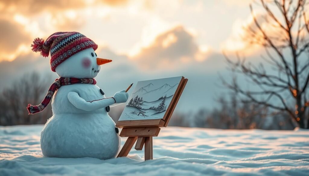 A cozy winter scene: a jolly snowman delicately sketching a landscape on a weathered wooden easel, with a soft blanket of snow covering the ground. The snowman's coal button eyes and carrot nose exude a sense of whimsical focus as it captures the tranquil surroundings bathed in warm, golden light filtering through fluffy clouds. In the distance, bare tree branches sway gently against a pastel blue sky. The overall atmosphere evokes a serene, peaceful mood, perfect for planning and sketching a snowman drawing.