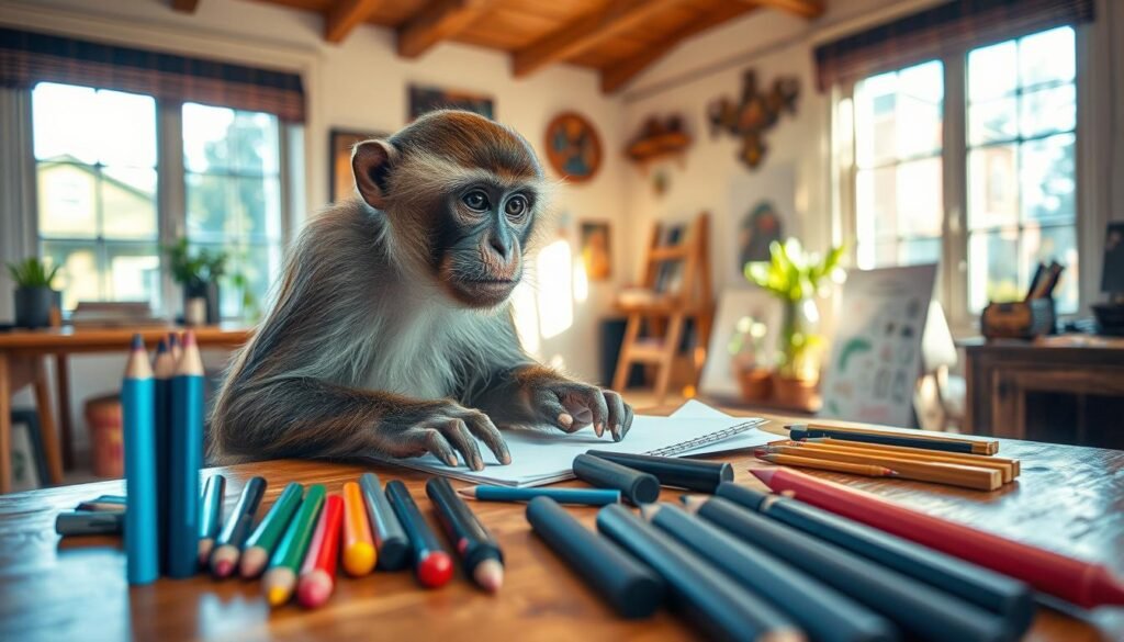 A curious monkey, sitting at a wooden desk, meticulously arranging a variety of drawing materials. In the foreground, an array of colored pencils, charcoal sticks, and a sketchpad, all carefully positioned. In the middle ground, the monkey, wearing a contemplative expression, appears deep in thought as it considers its next artistic endeavor. The background features a cozy, well-lit studio, with natural light streaming in through large windows, casting a warm and inviting glow. The scene evokes a sense of focus, creativity, and the playful intersection of the natural and the artistic.