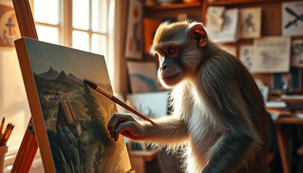 A curious monkey standing at an easel, brush in hand, meticulously adding depth and texture to a detailed landscape painting. Warm afternoon light filters through a window, casting soft shadows across the simian artist's brow as they concentrate intently on their work. The background is a cozy studio filled with art supplies, sketches, and inspirational references. The monkey's expression is one of focused determination, their brushstrokes bold and confident, creating a sense of dimension and lifelike quality to the scene. The overall mood is one of creative contemplation and a celebration of the monkey's artistic abilities.
