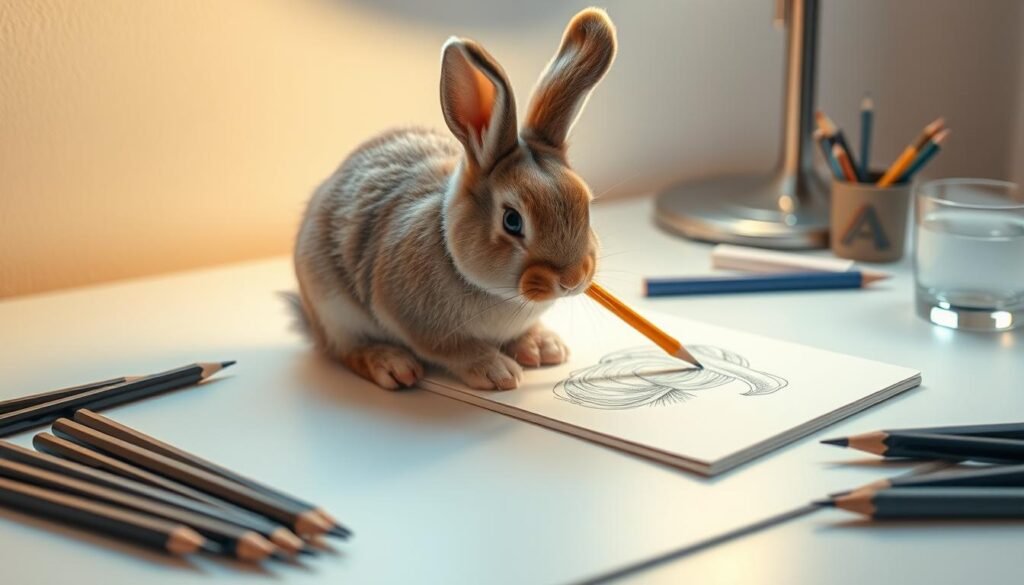 A cute bunny sitting on a desk, carefully sketching and shading textures in a drawing pad. Soft, warm lighting illuminates the scene, casting gentle shadows. The bunny's expression is focused, its paws delicately working the pencil. The desk surface is clean and uncluttered, allowing the bunny's creative process to take center stage. Surrounding the bunny are various art supplies - colored pencils, erasers, a small cup of water. The atmosphere is one of serene concentration, showcasing the rabbit's artistic talents.