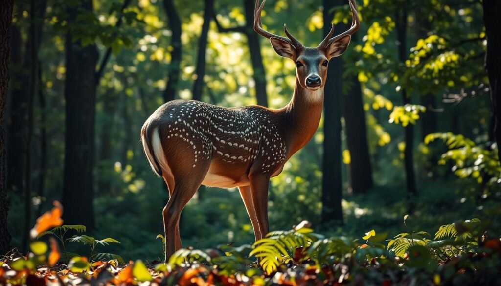 A deer standing in a lush forest, its coat shimmering with intricate patterns and textures. Sunlight filters through the canopy, casting a warm, soft glow on the animal's form. The deer's eyes are keen and alert, its muscles tensed as it surveys its surroundings. In the foreground, fallen leaves and ferns add depth and dimension, while the background is a tapestry of verdant greens and browns, creating a sense of depth and atmosphere. The entire scene is rendered with a level of detail that invites the viewer to study and appreciate the beauty of the deer's physicality and its connection to the natural world.