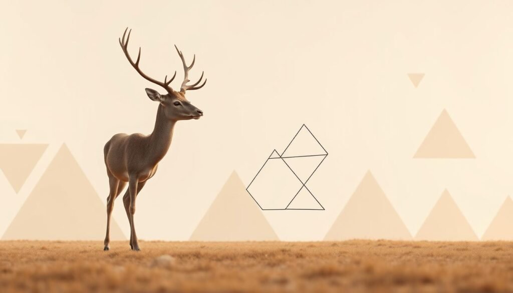 A deer standing in a minimalist, geometric landscape, gradually drawing intricate shapes with its antlers. The deer is rendered in a photorealistic style, with soft lighting and a shallow depth of field, creating a sense of focus on the deer's intricate antler movements. The background is a serene, abstract pattern of triangles and rectangles in muted earth tones, complementing the deer's natural tones. The composition emphasizes the deer's careful, step-by-step process of creating the geometric shapes, highlighting the grace and precision of its antler movements.