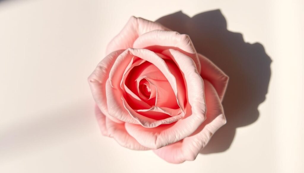 A delicate rose blossom, its petals cast in soft, diffused lighting. The shading techniques showcase the depth and texture, with highlights and shadows accentuating the intricate folds and curves. The rose is positioned on a clean, minimalist background, allowing the details and shading to be the focal point. A muted, harmonious color palette creates a serene, contemplative atmosphere, inviting the viewer to appreciate the artistry and craftsmanship of the rose's rendering.