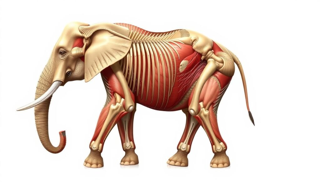 A detailed anatomical illustration of an elephant's body, showcasing its skeletal structure, musculature, and key external features. The subject is positioned in a neutral, three-quarter view, allowing for a comprehensive understanding of the elephant's underlying form. Crisp, high-contrast lighting from the upper left illuminates the subject, creating depth and highlighting the intricate textures of the skin, wrinkles, and facial features. The background is a clean, neutral white, placing the focus entirely on the anatomical study. The overall mood is one of scientific precision and educational clarity, suitable for guiding beginner artists in their pursuit of accurately depicting the elephant's complex form.