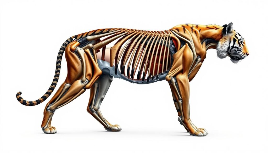A detailed anatomical study of a majestic tiger, rendered in a technical, engineering-inspired style. The creature's powerful musculature and skeletal structure are depicted through a network of precise construction lines and geometric shapes, capturing the intricate mechanics that underlie its graceful form. Dramatic shadows and highlights accentuate the tiger's contours, while a neutral, minimalist background allows the subject to take center stage. The overall effect is a captivating blend of realism and abstract design, offering a unique perspective on the tiger's impressive physiology.